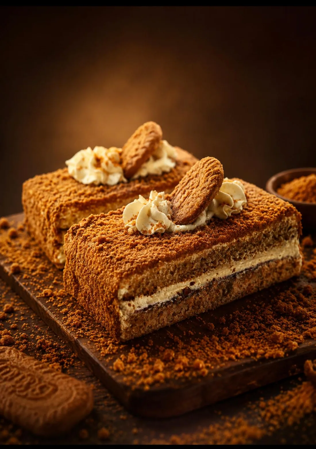 Two slices of Biscoff cake at TenTen, layered with cream and finished with caramelised biscuit crumb and a whole biscuit on top.