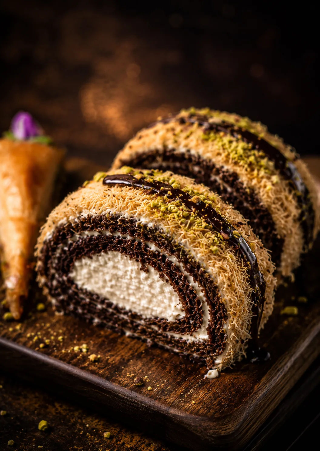 A chocolate roll cake at TenTen, filled with cream and wrapped in shredded kadayif pastry with pistachio and dark chocolate.